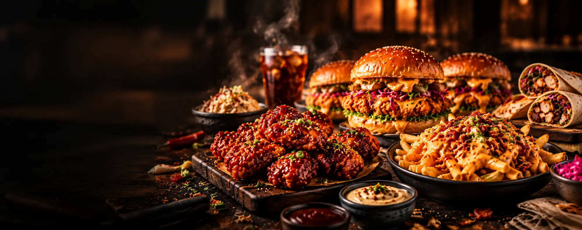 A sharing spread of burgers, glazed chicken, loaded fries, wraps and cold drinks
